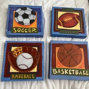 4 kids sports paintings canvas, Boys nursery art set for a baby toddlers room